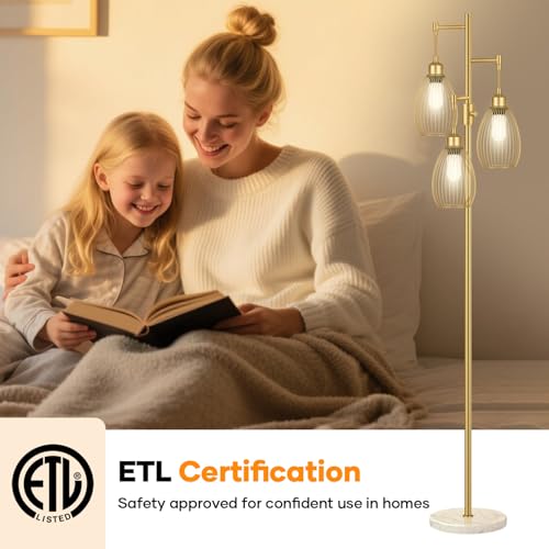 Image of Dimmable Floor Lamp,3x800LM LED Bulbs Included, Farmhouse Industrial Floor Lamp Standing Tree Lamp with Teardrop Cage Head Tall Lamp for Living Room Bedroom Office Dining Room - Gold & Marble Base