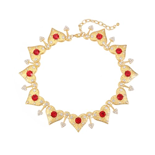 GZQ Vintage Chunky Heart Choker Necklace for Women,Red Crystal Gold