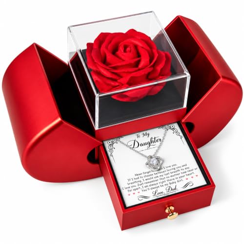To My Beautiful Daughter Necklace from Mom & Dad | Cubic Zirconia Pendant with Heartfelt Message Card & Gift Box | Daughter Birthday, Graduation, Christmas Jewelry Gift from Parents (Heart Rose Box, Breathing Interlocking)