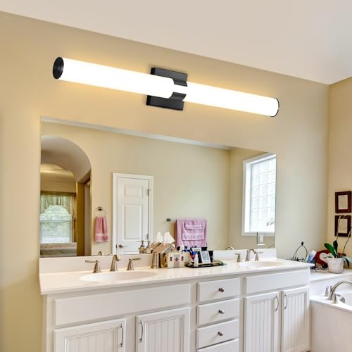 Image of HAIXIANG 2 Packs Black Wall Sconces, L 31.4 inch Dimming Wall Light 16W LED Vanity Lighting Fixtures Wall Light for Bathroom Dining Living Bedroom Hallway, 2700K Warm Light Horizontal /Vertical Mount