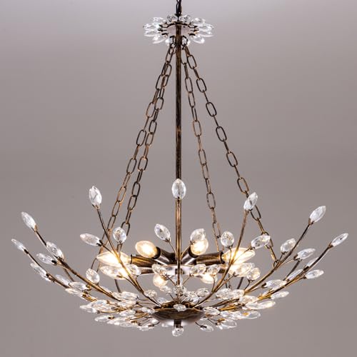 Wellmet Bronze Crystal Chandelier, 8-Light Farmhouse Pendant Light Fixtures, Rustic Branch Chandelier for Dining Room Living Room Kitchen Bedroom Hallway Entryway, W-30in