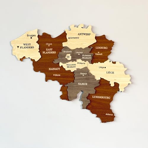 Colorfull Worlds Mapa de Bélgica 3D de madera multicapa, regalo para amigos belgas, decoración de pared de madera de Bélgica, mapa para viajeros (40 x 33 cm, 15.7 x 13 pulgadas)