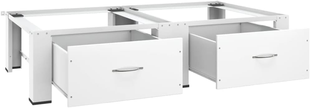 Double Washing Machine Pedestal with Drawers, Heavy Duty Steel Laundry Stand for Washer and Dryer, Universal Heightening Base with Storage, White