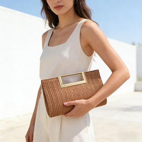 Image of Women Straw Drawstring Bucket Purse Small Tote Shoulder Handbag Hollow Out Cross-body Bag for Summer,Beach | Straw