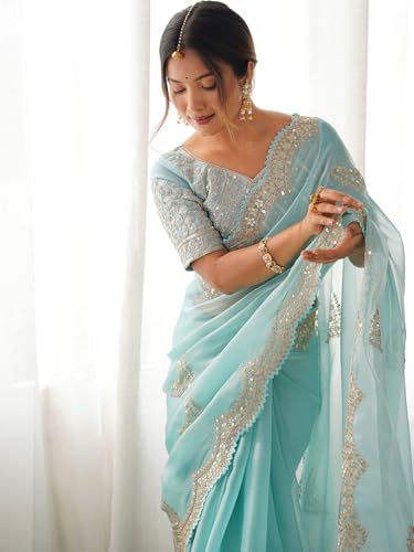 Image of Satrani Women's Tissue Silk Sequin Embroidery Scalloped Border Saree with Unstitched Blouse Piece