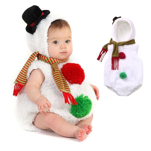 Raopuzi Disfraz Muñeco de Nieve Bebé, Body Con Capucha, Ropa Mono Sin Mangas de Dibujos Animados Y Conjunto de Bufanda, Cosplay Navidad de Lana Trajes de Fiesta Blanco