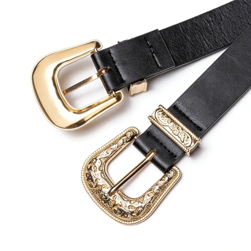 Image of Dubulle Womens Belt Chain Leather Belts Vintage Western Adjustable Elastic Double Buckle for Cowboy Pant Dress
