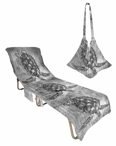 Beach Pool Patio Lounge Chaise Chair Cover Towel with Pockets,Grey Turtle Absorbent & Quick Dry Microfiber Towel Cover Bag Summer Travel Accessories Old World Historical Summer Ocean Sea Animal