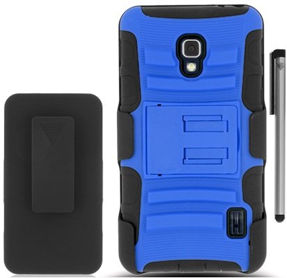 For LG Optimus F6 D500 Robotic Belt Clip Hybrid Holster Kickstand Cover Case with ApexGears Stylus Pen (Blue Black)