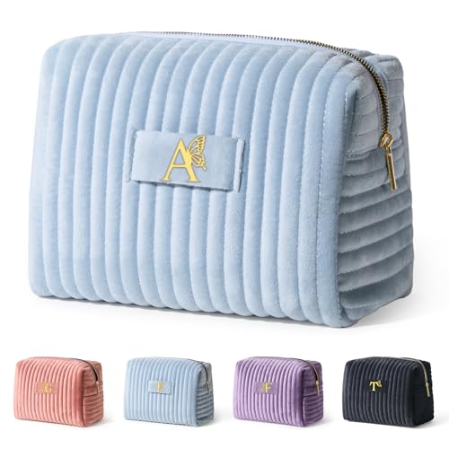Image of COSHAYSOO Customized Teacher Appreciation Gifts for Women Nurse Graduation Gift Doctor Female Nursing Travel Makeup Bag Quilted Make Up Cosmetic Pouch Organizer Dusty Blue Monogram Initial Letter A