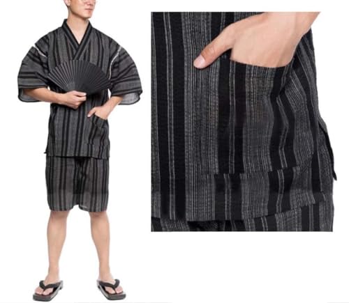 ZEALMAX Kimono Japanese Jinbei Shirt Pant Cotton Linen Loungewear Spa Bathrobe Casual Clothing for Home Vacation, Black with White Line3