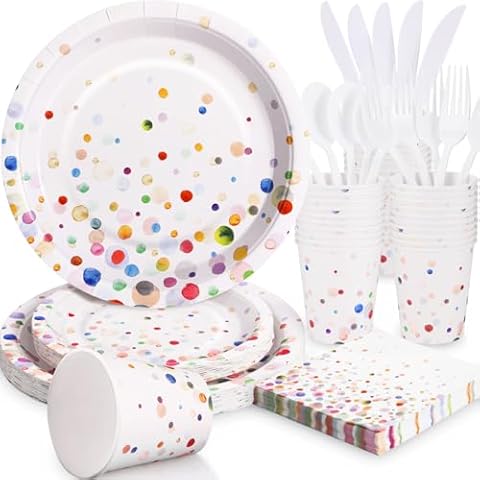 Colorful Birthday Plates and Napkins-Gudvilla 168PCS Confetti Plates Disposable Tableware Serve 24,Happy Birthday Party Plates Set for Art Paint Party Supplies Bubble Decorations-Colorful Paper Plates Cover