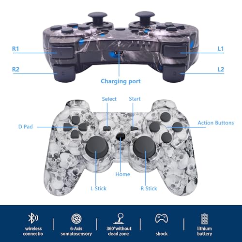 Controller for PS-3 Wireless, Gaming Remote Joystick for Play 3 with Charger Cable Cord (Black Ghost, White Skull) - Thumbnail 2