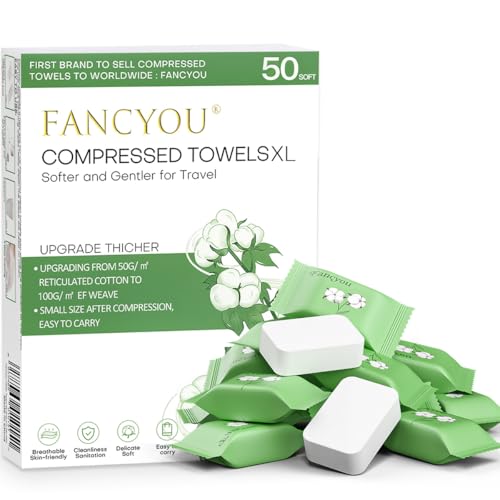 Image of fancyou Disposable Face Towel Thicken 50 Pack Compressed Towel Tablets Reusable, Mini Disposable Facial Washcloths Compact Individually Wrapped Clean Towels for Travel Camping Beauty Home Gym (Green)