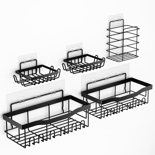 Adhesive Shower Caddy, Rustproof Stainless Steel Bathroom Organizer, Black, 5 Piece Set with 2 Shower Caddies, 2 Soap Holders, 1 Toothbrush Holder by Generic - Image 8