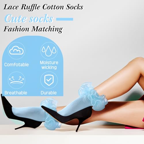 Image of Geyoga 3 Pairs Women Big Ruffle Socks Turn Cuff, Double Lace Ankle Cotton Frilly Socks for Ladies Summer