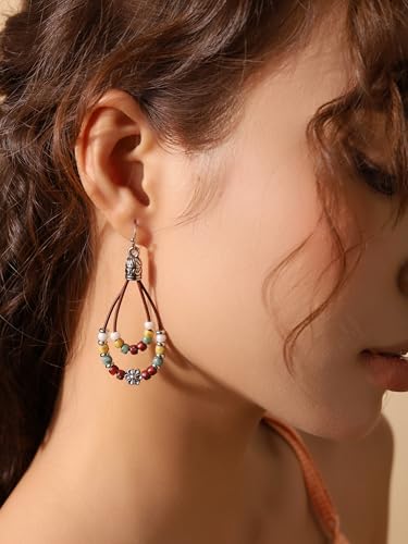 MINACHI Statement Boho Drop Earrings with Silver Floral Charm and Colorful Beads, Handmade Leather Loop Earrings for Women3