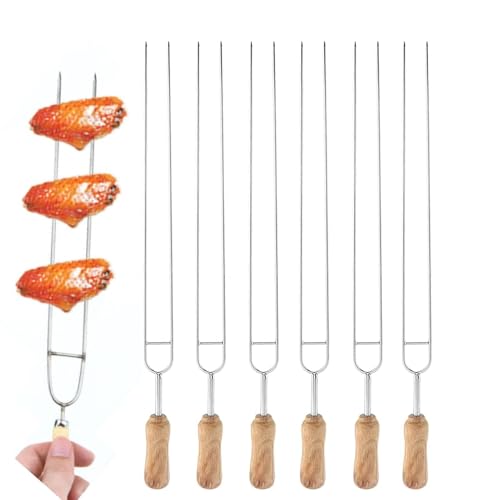 6 Stück Schaschlikspieße, 40 cm, doppelte Zinken, Edelstahl-Grillspieße, Metallspieße, Kabob-Spieße, Spieße, Spieße zum Grillen mit Holzgriff für Outdoor, Garten, Grill, Camping, Picknick