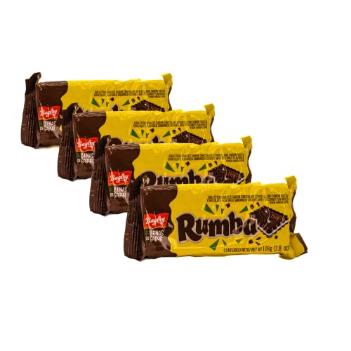 Pack de 3 paquetes de galleta RUMBA chocolate. Deliciosa galleta argentina RUMBA de sabor chocolate relleno cremoso de coco de 108 gr.