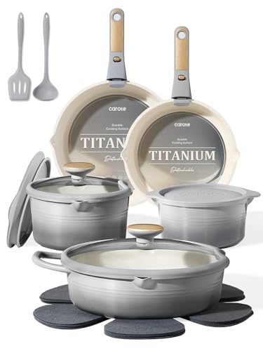 CAROTE 17Pcs Titanium Cookware Set, Pots and Pans Set Non Stick, Kitchen Cooking Set with Detachable Handle, Non Toxic Induction Cookware, Dishwasher/Oven Safe