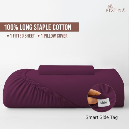 Image of Pizuna 100% Cotton Fitted Bedsheet Single Bed 400 Thread Count Long Staple Cotton Sateen Fitted Bedsheet 40x78 Inch with 1 Pillow Cover, Berry Plum Elastic Fitted Bedsheets Single Bed fits 12 Inch
