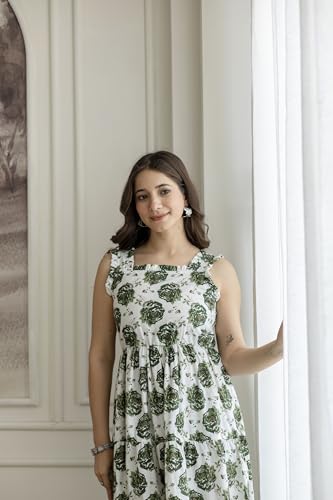Image of Daevish New Rayon Floral Printed Flared Midi Dress for Women | Women Calf Length Dress