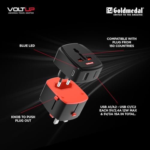 Image of Goldmedal Voltup Universal Travel Adapter with 2 Type-C & 2 Type-A USB Ports | PD Fast Charging Support | | Compatible with Multiple Plug Types | Perfect for International Travel | (Black)