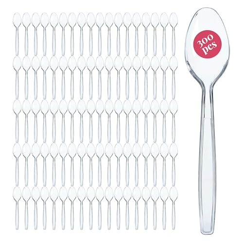 Prestee 300 Plastic Spoons Bulk - 6-Inch Heavy Duty Disposable Silverware and Plastic Utensils Set - Durable Clear Cutlery for Hot and Cold Food - Strong Spoon Flatware for Parties and Events