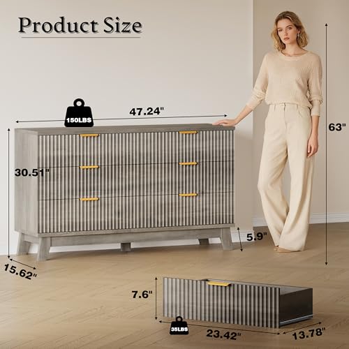 Image of BORNOON Fluted 6 Drawer Dresser, 47.2 inch Wide Modern Boho Chest of Drawers, Wooden Storage Dresser TV Stand for Bedroom, Living Room, Closet, Hallway, Curved Profile Design