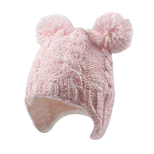 Chunky Cable Knit Baby Hat With Pompom Baby Boys Girls Winter Beanie Warm Fleece Lining Earflap Hat Classic Infant Toddler Bonnet 6M-4Y (2-4 Years, Pink) #TOP7