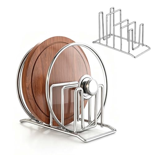 Korechain Support de​ Rangement pour Planche à Découper, Range Couvercle​, 4 Niveaux en Acier Inoxydable, Range Assiette​ de Cuisine Organisateur Multifonction, 22.6 x 13 x 10.5 cm