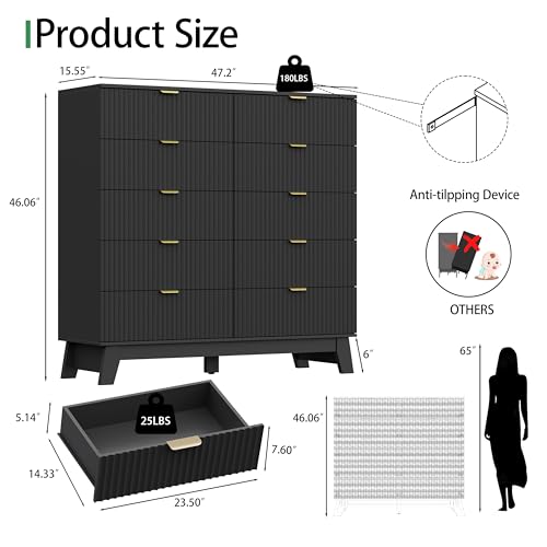Image of Xixini Fluted Dresser for Bedroom with 10 Drawers, 48 inch Wide Modern Chest of Drawers with Metal Handle, Wooden Dresser TV Stand, Wood Closet Clothes Storage Organizer for Living Room, Hallway, Black