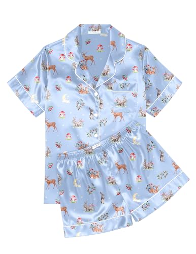 Image of Ekouaer Womens Silk Satin Pajama Sets Soft Short Sleeve Button Down Sleepwear Top and Shorts 2 Piece Pjs Lounge Set