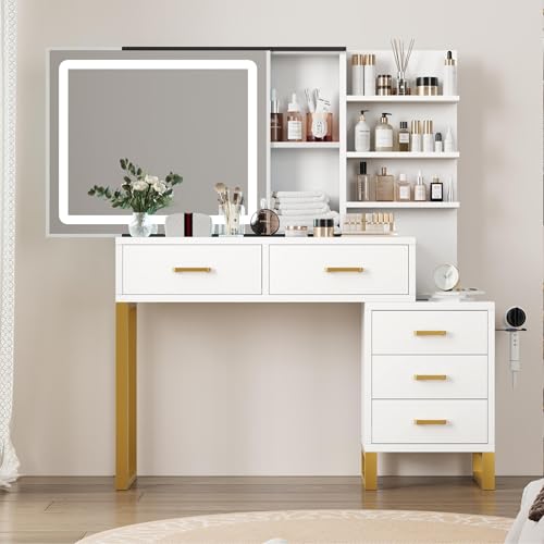 Garvee 46.8 in Vanity Desk with Mirror, LED Lights and Power Outlet, Makeup Vanity Table with 5 Drawers and 3 Storage Shelves, Dressing Table with Bla