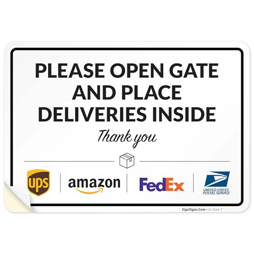 Image of Package Delivery Sign, Delivery Instructions Open Gate and Leave Delivery Inside Sign, 10x7 Inches, 4 Mil Vinyl Decal Stickers Weather Resistant, Made in USA