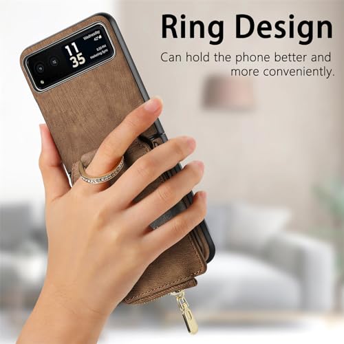 COQUE Shell Motorola Razr 40 Protective Cover,Magnetic Folding Zipper Wallet Card Slot Mobile Phone Leather Case for Motorola Razr 40-Brown - Image 4