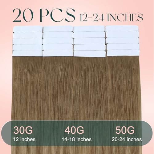 Image of Easyouth 24 Inch Tape in Hair Extensions Human Hair Ombre Tape Hair Extensions Real Human Hair Balayage Golden Brown Mix Blonde Seamless Tape in Hair Extension for Long Hair 50g 20pcs
