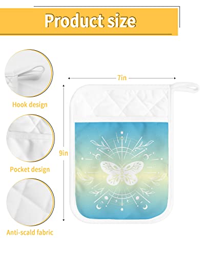 5Pcs Pot Holders With Pocket For Kitchen, Butterfly Pot Holder Set Heat Insulation Potholders, Sun Moon Star White Line Blue Ombre Oven Mitts Hot Pads For Baking Cooking Barbecue #TOP2