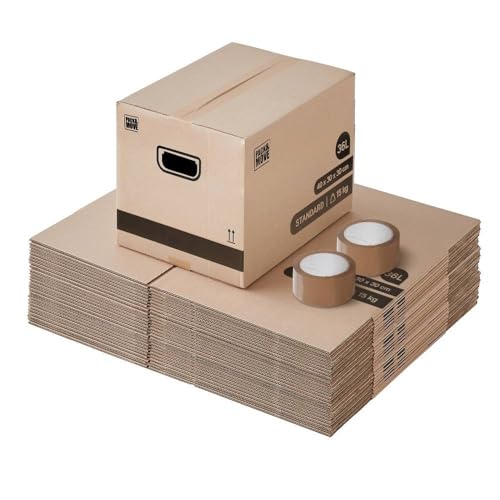 Pack and Move - Lot 40 cartons déménagement stockage livres - 40 x 30 x 30 cm - Poignées renforcées - 2 adhésifs offerts