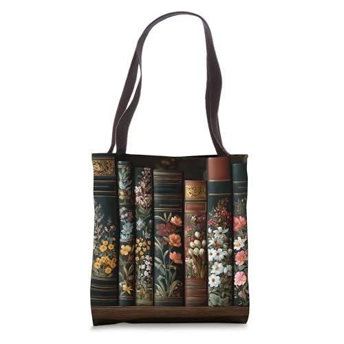 Vintage Floral Bookshelf Dark Academia Cottagecore Aesthetic Tote Bag