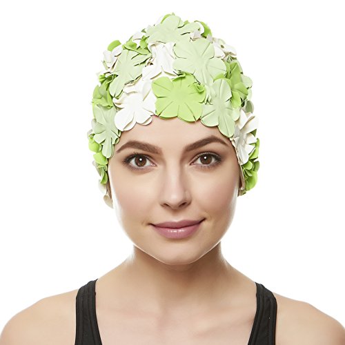 Beemo Floral Petal Ladies Bathing Swim Cap - Green/White #TOP1