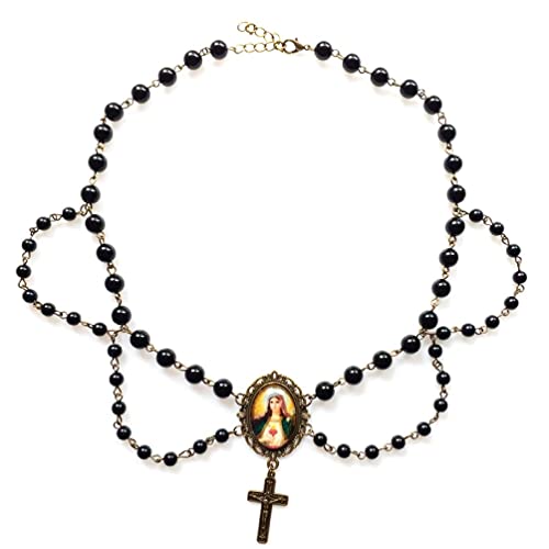 Collar de Cuentas de Rosario con crucifijo y Medalla de Jesús Collar de Cadena de rosarios católicos Regalo de joyería para Mujeres niñas Adolescentes Collar católico de Rosario para Mujeres Cover