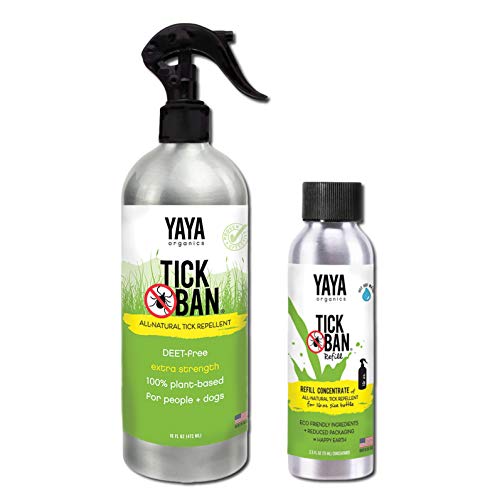 Yaya Organics TICK BAN | Eco-Friendly Bundle, Extra Strength, All Natural, DEET Free Tick Repellent | Proven Effective, Safe for Adults, Kids, Dogs | 16 oz Spray + Refill