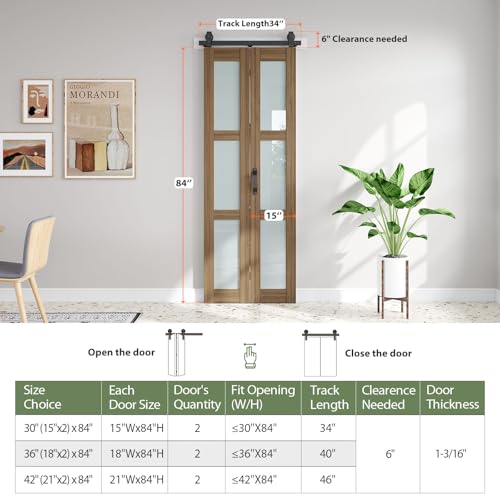 Image of FREDBECK Bifold Barn Door Frosted Glass 30X84(Double 15x84) Brown,3 Panels