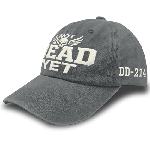 Not Dead Yet Veteran Hat - DD-214 Embroidered Skull Baseball Cap Dark Humor Distressed Washed Cotton Dad Hat for Men