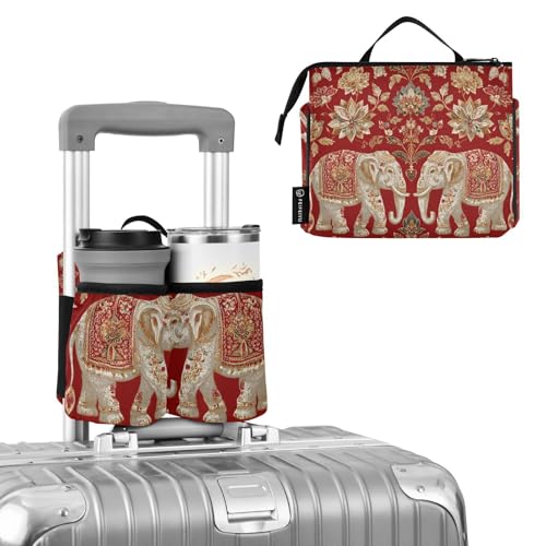 Image of Luggage Cup Holder for Suitcases Free Hands Suitcase Cup Holder Travel Luggage Drink Holder Portable Luggage Cup Caddy Bag Carrier with Handle Red Retro Elephant Flowers