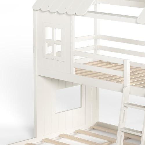 Image of Bellemave Bunk beds Twin Over Full with Slide,Ladders,Bookshelf and Wardrobe House roof Design, Low bunk /loft Bed for Kids,Beige