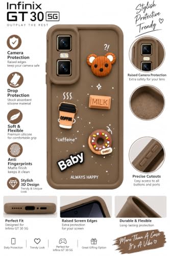 Image of Bintage Back Cover Compatible for Infinix X6873 / GT 30 Pro 5G+ | Cute Fun Ball | 3D Taddy Smiley Coffee | Milk Case | Full Body Protection - Brown