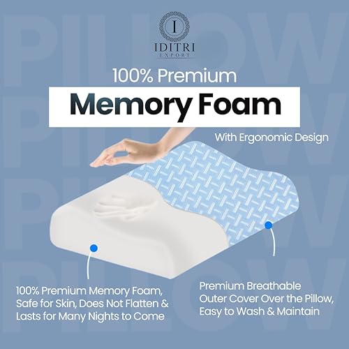 Image of Cervical Memory Foam Pillow Set of 2, Ergonomic Contour for Neck and Shoulder Pain Relief, Dual 9 cm and 12 cm Heights, Slow Rebound 50D Support, Breathable Sky Cover, 60 x 35 cm