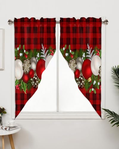 Swag Cortina Valance, Bolas de Natal Vermelho Preto Xadrez Pinheiro Agulhas Pinhas de Pinheiro Bagas